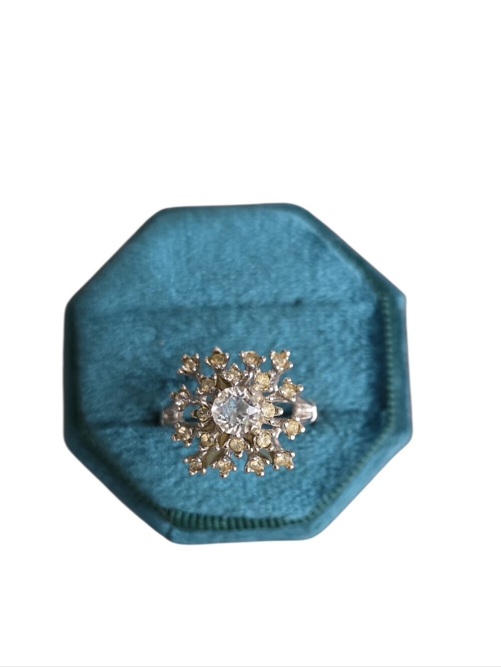 Size 9 Silver Toned Floral Cluster Statement Ring with Clear Center Stone